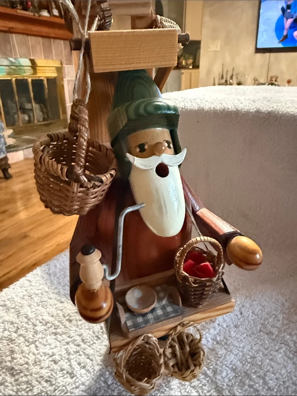 Handcrafted Wooden Santa Décor with Green Hat and Red Coat